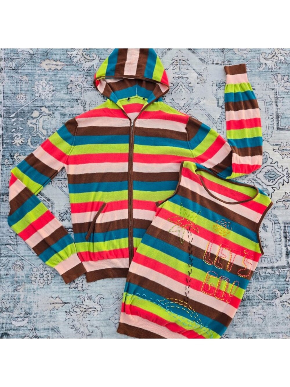 Y2K Colorful Striped Hooded Cardigan Sleeveless Knit Top Set Size S Embroidered